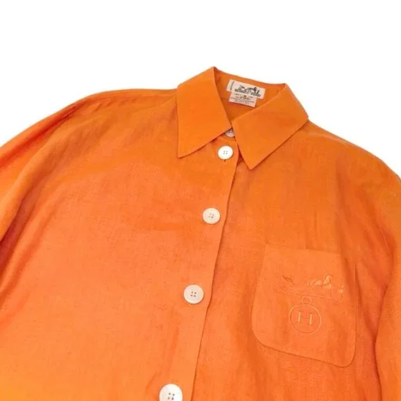 HERMES Vintage H Logo Horse Carriage Embroidery Shirt #36 Orange Button [106322] - Picture 5 of 12